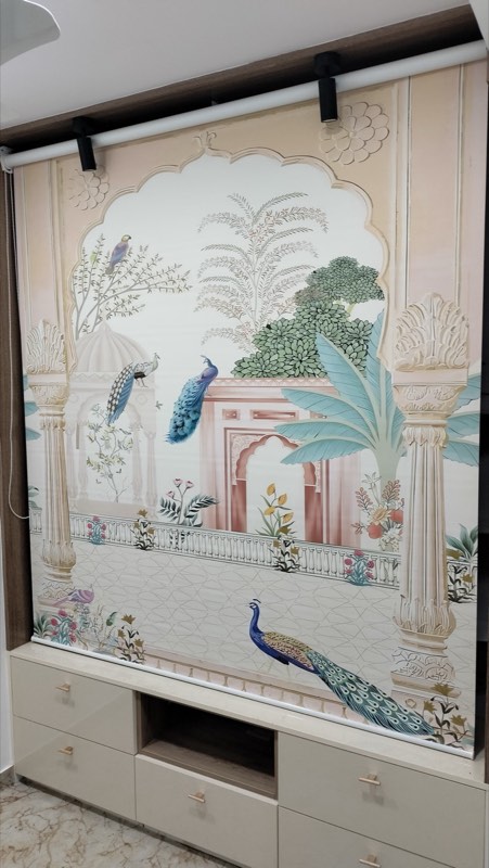 Printed blind of a Mughal-style garden with peacocks